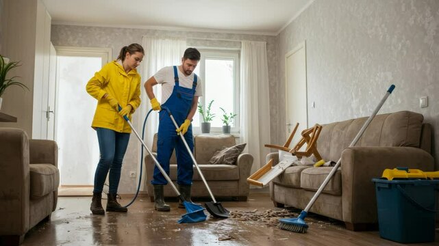 Cleaning Service After Flood Damage - Two professional cleaners are working together to clean up a flooded living room. They are using various cleaning tools to remove debris and water from the floor.