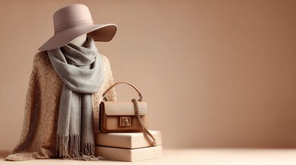Fashion Display with Neutral Tones, Hat, Scarf, and Bag