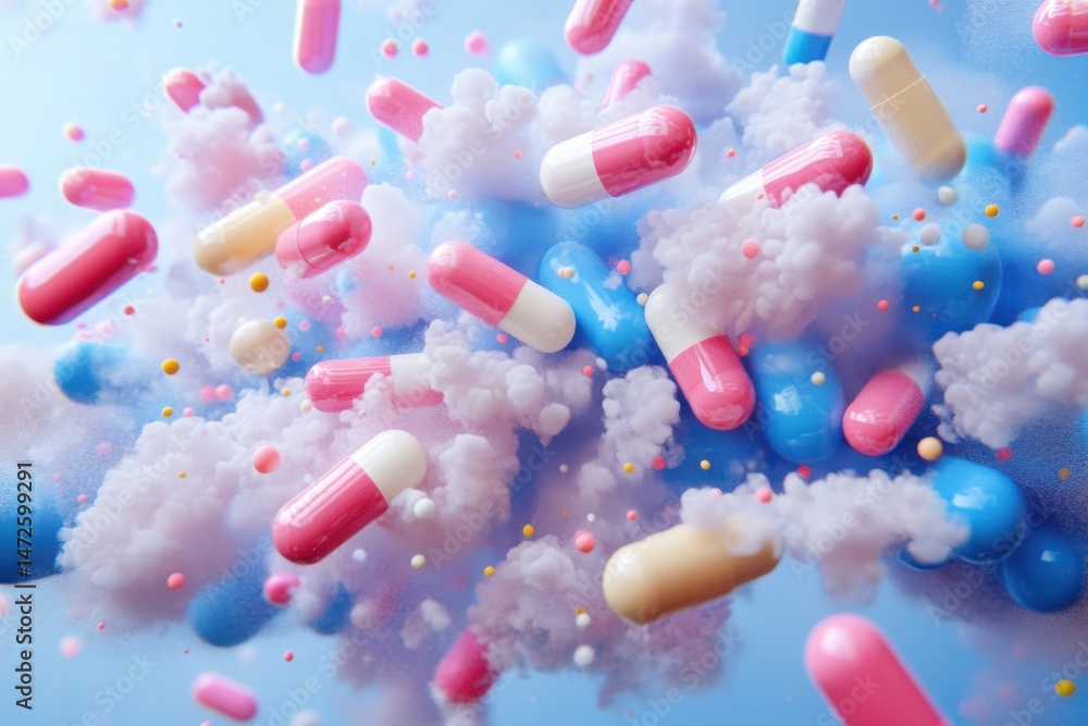 Poster vibrant 3d rendering of dissolving pills in colorful cloud formations