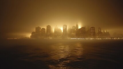 Naklejka premium City skyline shrouded in golden fog. Urban lights pierce the dense, hazy atmosphere. Water reflects the glow