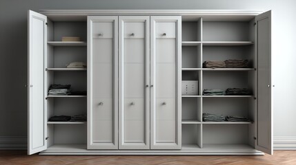 Modern empty closet design with white shelving and doors, front-facing 3D rendering for use in home renovation, organization, or furniture layout presentations