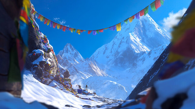 The scene is captured from an eye-level perspective, showcasing the majestic beauty of Mount Everest.