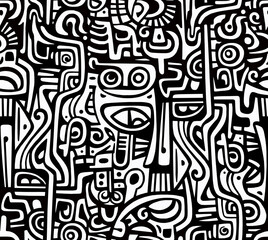 A black and white hand-drawn drawing in the Mexican style.Seamless pattern.	
