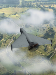 A modern military drone flies over land covered with forests and fields.