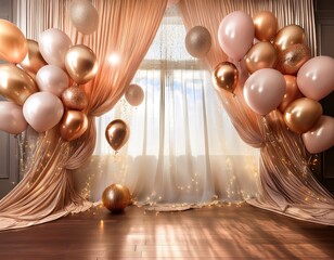 Elegant Rose Gold Balloons Decorating a Room with Sheer Curtains and Wooden Floor Perfect for Birthdays or Anniversaries