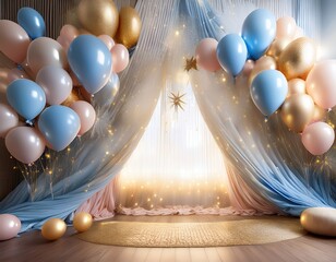 Festive Birthday Party Setup with Pastel Balloons and Draped Fabrics Perfect for Baby Shower or First Birthday