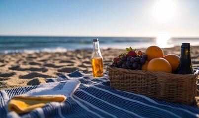 Beach Picnic: Fruits, Drinks, and Relaxation Under the Sun Near the Ocean