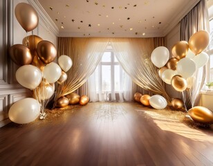 Elegant Room Decorated with Gold and White Balloons for a Festive Occasion Perfect for Birthday Party Background