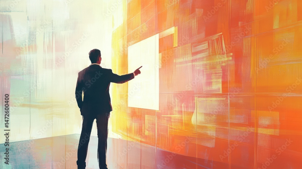 Poster business man pointing to transparent board with text: building solid relations for lasting success i