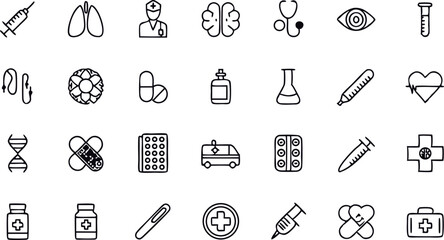Medical Icon Collection: A comprehensive collection of medical icons representing various healthcare elements, meticulously crafted in a clean and professional style.