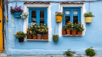Houses in Bozcaada have colorful walls and windows. They have pots with flowers hanging on them.