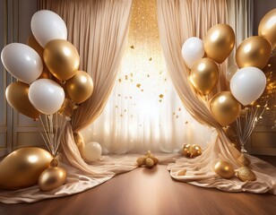 Elegant Gold and White Balloons Decor beside Sheer Curtains for Birthday or Anniversary Celebration