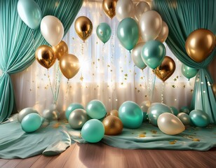Festive Birthday Party Setup with Teal Gold Balloons Elegant Decor for a Children's Celebration
