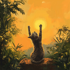 Cat stretching with paws raised towards the sunset in the jungle  