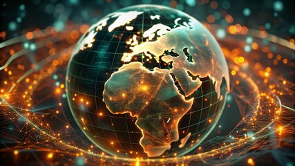 Fototapeta premium Earth from space, glowing city lights, interconnected world, digital connections, futuristic planet view, orange and blue glow, satellite communications