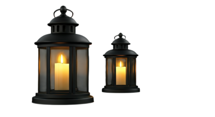 Two elegant black lanterns glowing with warm candlelight, creating a peaceful and serene ambiance against a clean white backdrop.