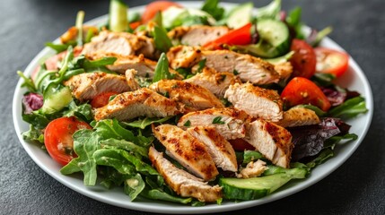 Fototapeta premium Low-carb chicken salad for a healthy keto lunch. Served on a white plate.
