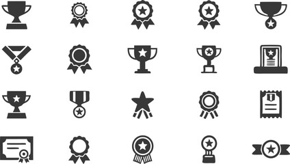 Trophy and award icons vector set with business and web symbols in black silhouette design
