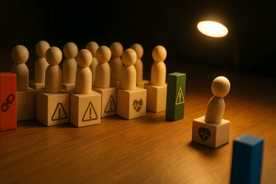 Depict the emotional tension and visual imbalance within a dysfunctional team using abstract wooden figures, colored dominoes, and wooden cubes under soft natural light.