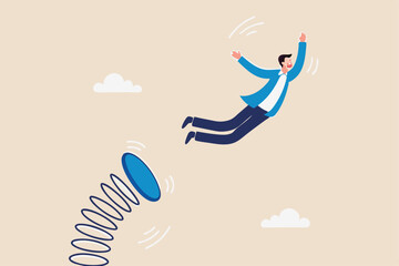 Boost up business growth, improvement, career path or job promote to higher position concept, confidence businessman leader jumping springboard up high in the sky.