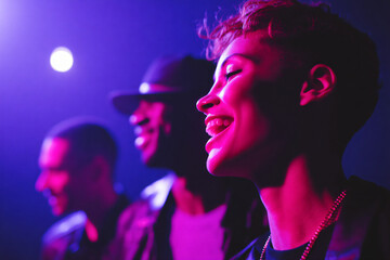 diverse young adults laughing spontaneously under purple and blue stage lights