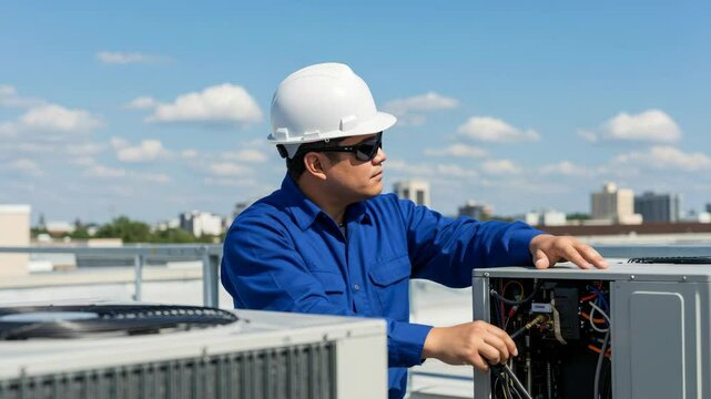 HVAC Technician Inspecting Rooftop Air Conditioning Unit - A male HVAC technician in a blue uniform and white hard hat inspects the inner workings of a rooftop air conditioning unit on a sunny day. He