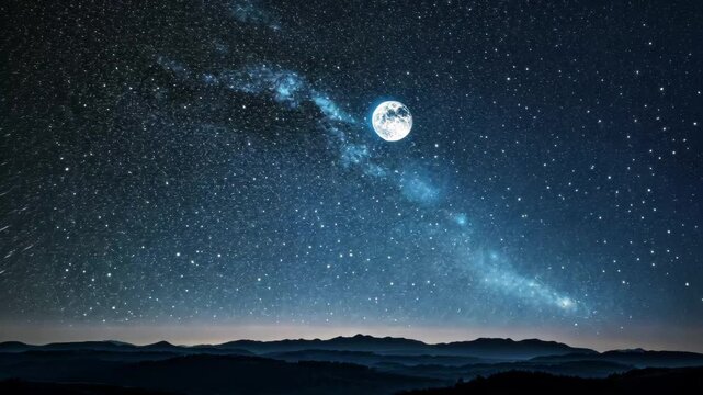 Beautiful night sky showcasing the moon and stars twinkling above Earth&acirc;&euro;&trade;s landscape at dusk, A blue sky with the moon and stars above, Earth in the distance, and a few comets shooting across
