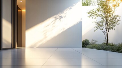 Modern house with light shining on the floor and a white background