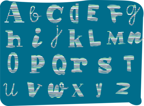 This image features a playful, hand-drawn alphabet set where each letter is filled with multicolored horizontal stripes on a blue background, giving it a whimsical and childlike appearance.