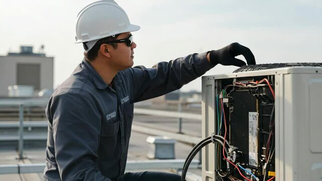 HVAC Technician Inspecting Rooftop Air Conditioning Unit - A male HVAC technician in a white hard hat and safety glasses carefully inspects the inner workings of a rooftop air conditioning unit. He is