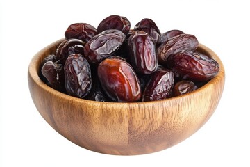Dates in wooden bowl close up shot on white background