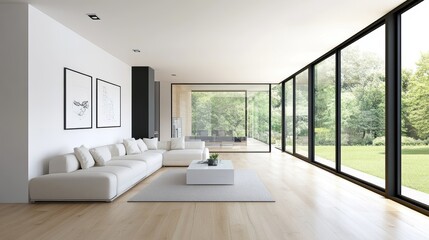 Fototapeta premium Modern house with minimalist design. It has light-colored wood floors, white walls, and large windows with black frames. The furniture and decor are simple and understated.