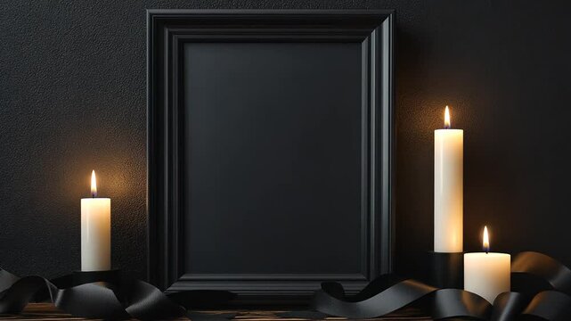 Elegant black frame with candles and ribbon for sympathy or remembrance themes