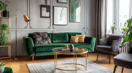 Modern living room with plush green sofa, coffee table, velvet chairs, golden accents, plants, and a lamp. The room has stylish decor and plenty of natural light.