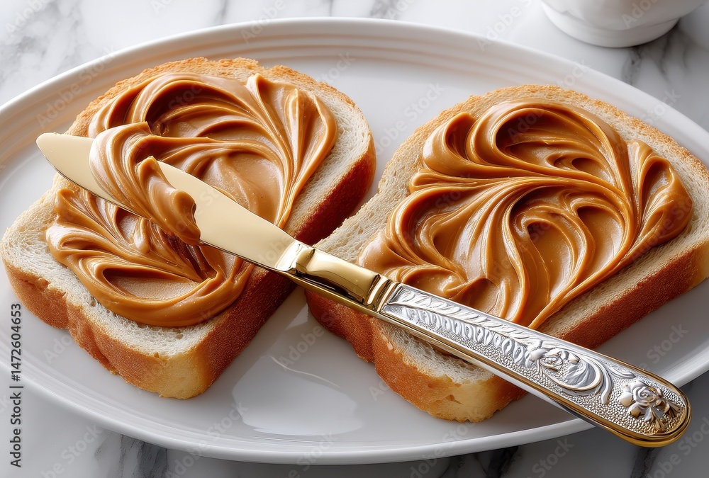 Poster creamy peanut butter spread on two slices of bread with a knife on a marble table showcasing delicio