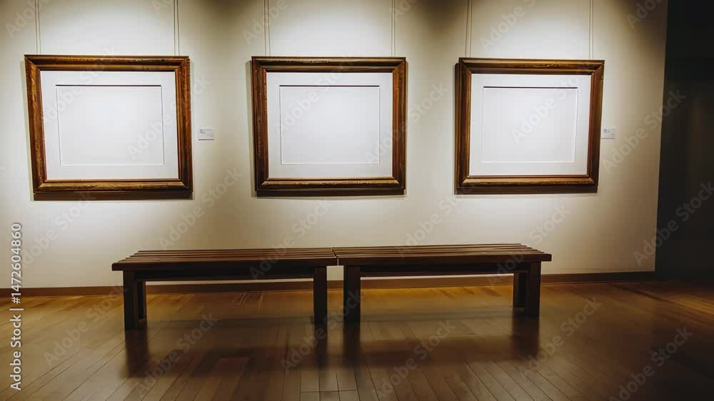 Poster four empty picture frames displayed on a well lit wall in an art gallery setting, four empty picture