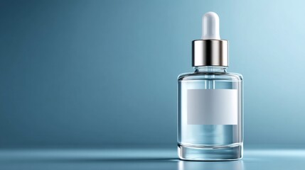 A clear bottle of perfume sits on a blue surface