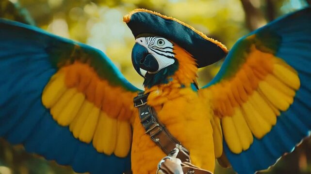 Adorable parrot in pirate costume in a lush forest setting, showcasing vibrant colors and exotic charm
