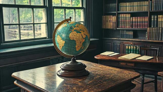 Classroom interior featuring a globe and numerous books with large windows letting in natural light, Classroom with a Globe and Books