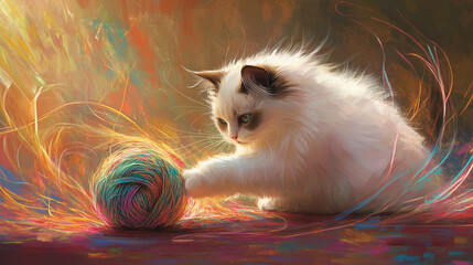 Ragdoll cat playing with colorful yarn ball on a vibrant background  