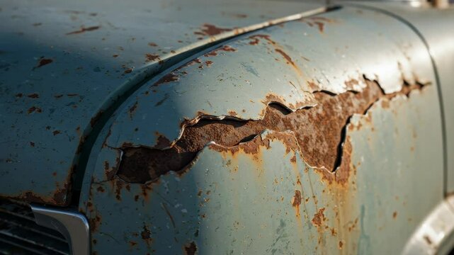 Rusted Vintage Car Fender Close-up - A detailed close-up shot of a severely rusted vintage car fender.  The paint is peeling and flaking