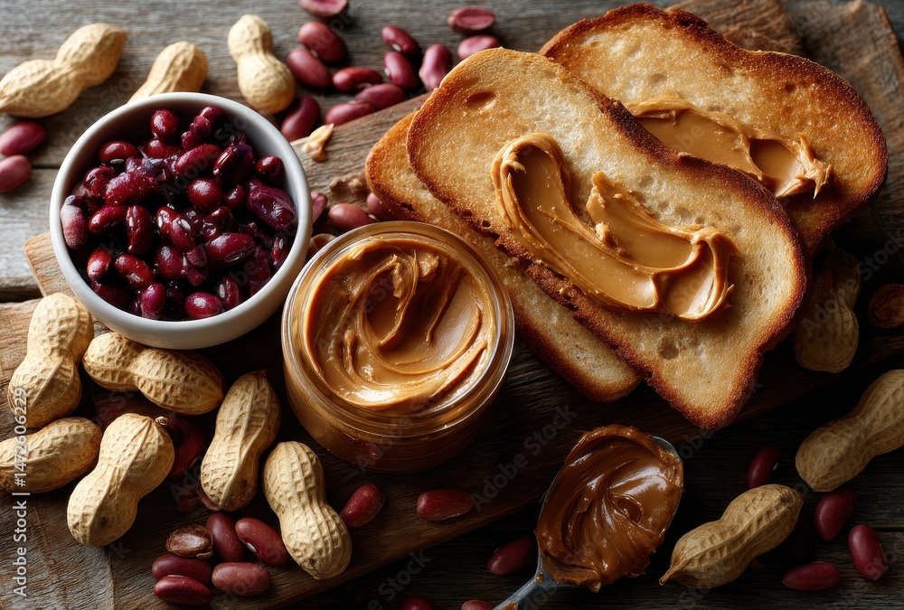 Poster Creamy Peanut Butter Spreading on Toast with Red Beans and Whole Peanuts on Rustic Wooden Table Background