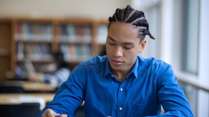 Young man studying in library, focused on his work. He's wearing a blue shirt and has cornrows. The library setting is blurred in the background.