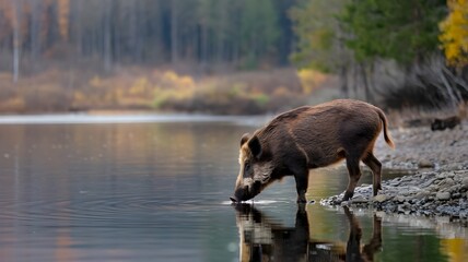 A wild boar drinking water from a tranquil lake, mirroring the surrounding autumn landscape