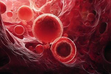 Microscopic view of red blood cells flowing through a network of blood vessels, a detailed medical illustration