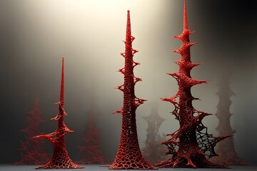 A series of red abstract sculptures with an organic, intricate design.