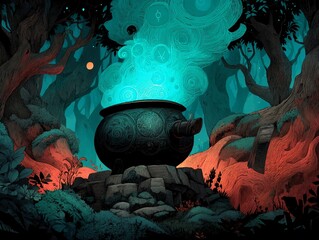 Enchanted cauldron bubbles in a mystic forest