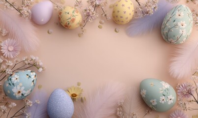 Pastel-colored decorated eggs and flowers arranged in a frame.