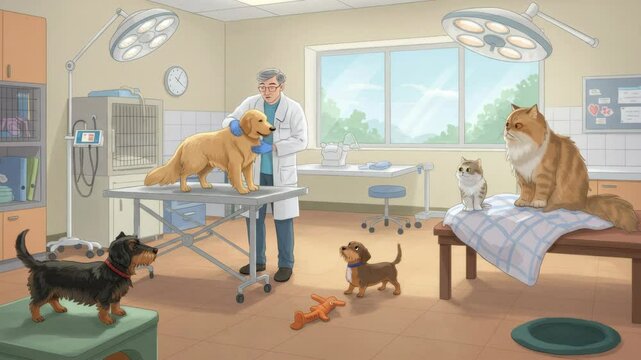 Veterinarian Examining Golden Retriever in Clinic - A veterinarian examines a golden retriever on an examination table in a bright and clean veterinary clinic.  Other dogs and cats wait patiently near