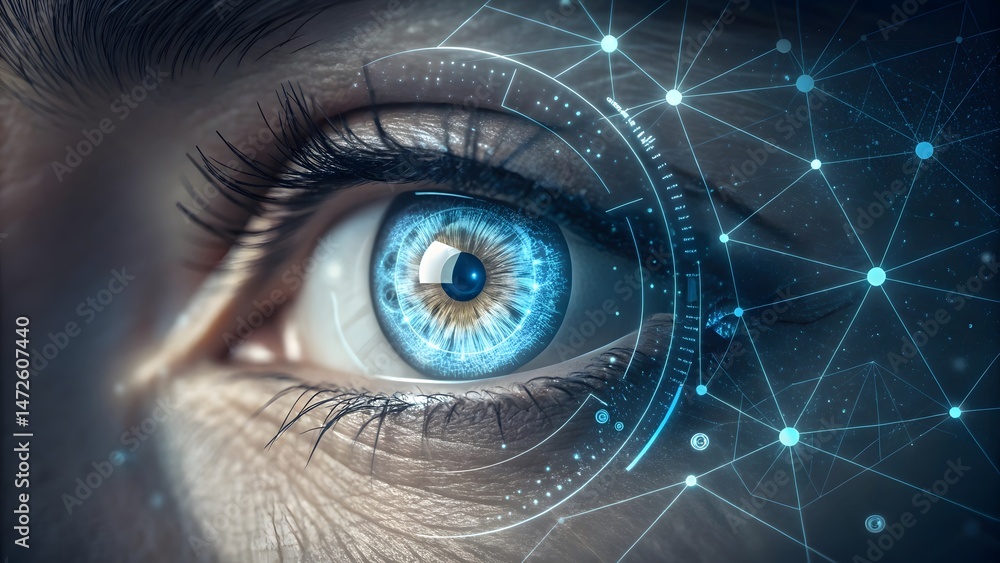 Aufkleber Close up of an eye with digital overlay showing a network of connected lines and dots around it